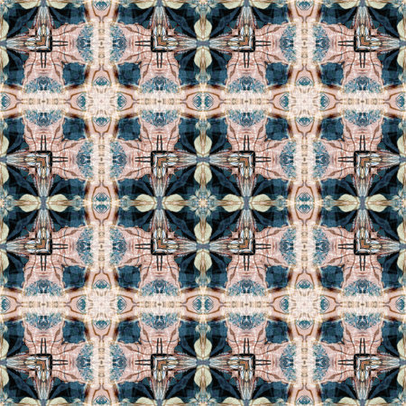 Retro boho geometric kaleidoscope scarf pattern background. Colorful vintage azulejos effect damask shawl textile print tile.の写真素材
