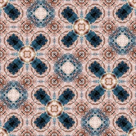 Retro boho geometric kaleidoscope scarf pattern background. Colorful vintage azulejos effect damask shawl textile print tile.の写真素材
