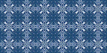 Indigo blue snow flake border batik. Frosty batik painterly effect seamless edging. Festive cold...