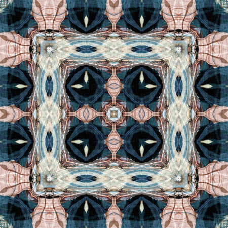 Retro boho geometric kaleidoscope scarf pattern background. Colorful vintage azulejos effect damask...