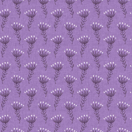 Gender neutral purple flower seamless raster background. Simple whimsical 2 tone pattern. Kids floral nursery wallpaper or scandi all over print.の写真素材