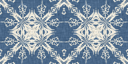 Farmhouse blue snow flake border background. Frosty batik french effect ribbon. Festive cold holiday...
