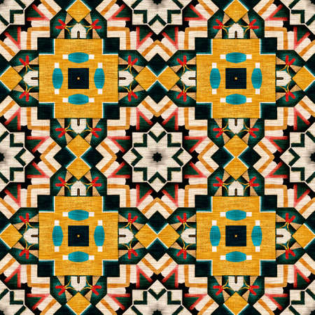 Traditional tile mosaic seamless pattern print. Fabric effect mexican patchwork damask grid Square shape symmetrical background textile . Creative colorful graphic designの写真素材