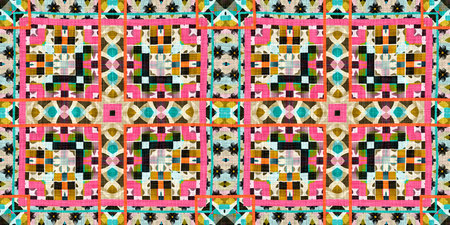 Kitsch pattern geometric retro design in seamless border background. Trendy modern boho geo in...