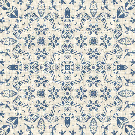 French blue floral french printed fabric pattern for shabby chic home decor style. Rustic farm house country cottage flower linen seamless background. Patchwork quilt effect motif tile.の写真素材