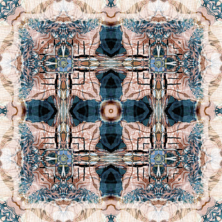 Retro boho geometric kaleidoscope scarf pattern background. Colorful vintage azulejos effect damask...