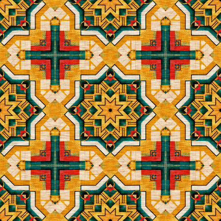 Traditional tile mosaic seamless pattern print. Fabric effect mexican patchwork damask grid Square shape symmetrical background textile . Creative colorful graphic designの写真素材