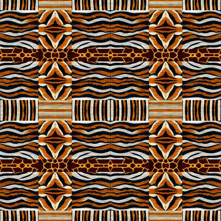 African kente cloth patchwork effect pattern. Seamless geometric quilt fabric all over background. Patched boho rug safari shirt repetitive tile swatch.の写真素材