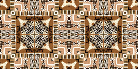 Brown safari animal print patchwork seamless border pattern. Natural quilt clash damask style in...