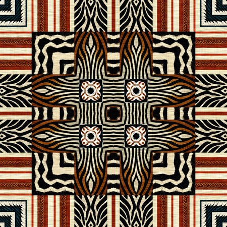 African kente cloth patchwork effect pattern. Seamless geometric quilt fabric all over background. Patched boho rug safari shirt repetitive tile swatchの写真素材
