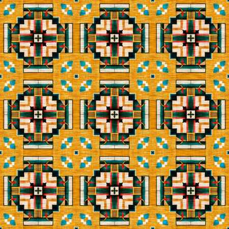 Traditional tile mosaic seamless pattern print. Fabric effect mexican patchwork damask grid Square...