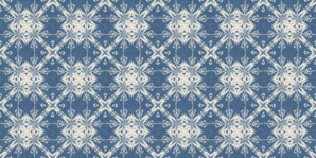 Farmhouse blue snow flake border background. Frosty damask french effect ribbon. Festive cold...