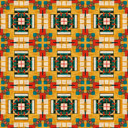 Traditional tile mosaic seamless pattern print. Fabric effect mexican patchwork damask grid Square...
