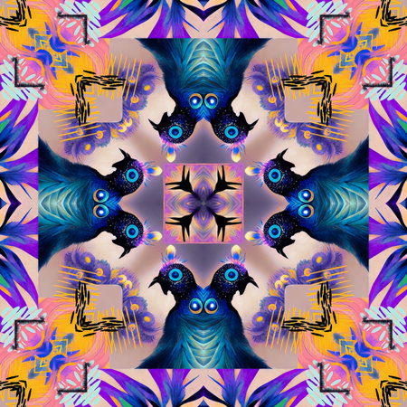 Brilliant peacock eye geometric wallpaper pattern. Elegant shimmer of colourful metallic bird plumage backdrop. Luxe tropical splendour tile.の写真素材