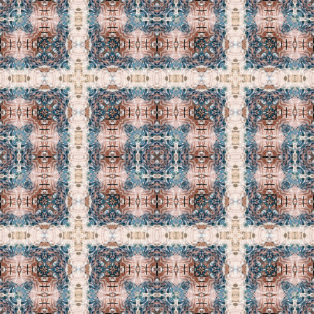 Retro boho geometric kaleidoscope scarf pattern background. Colorful vintage azulejos effect damask...