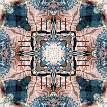 Retro boho geometric kaleidoscope scarf pattern background. Colorful vintage azulejos effect damask...