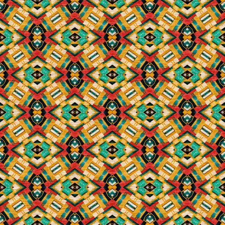 Traditional tile mosaic seamless pattern print. Fabric effect mexican patchwork damask grid Square shape symmetrical background textile . Creative colorful graphic designの写真素材