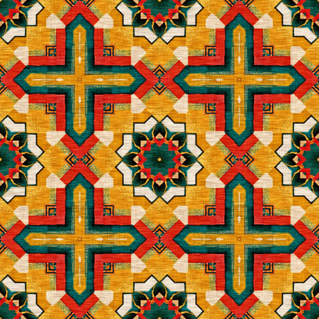 Traditional tile mosaic seamless pattern print. Fabric effect mexican patchwork damask grid Square...