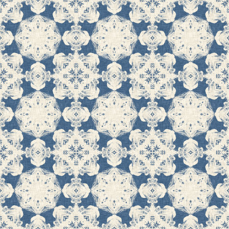 French blue quilt printed fabric pattern for shabby chic home decor style. Rustic farm house country cottage linen seamless background.の写真素材