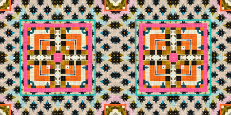 Kitsch pattern geometric retro design in seamless border background. Trendy modern boho geo in...