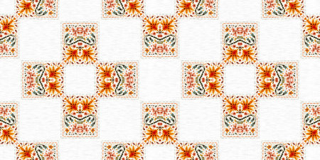 Boho botanical cottage core seamless border. Trendy decorative folklore trim. Small ditsy geo flowers for illustration edging.の写真素材