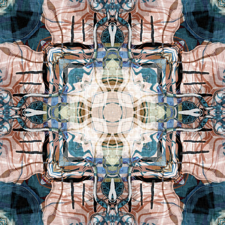 Retro boho geometric kaleidoscope scarf pattern background. Colorful vintage azulejos effect damask shawl textile print tile.の写真素材