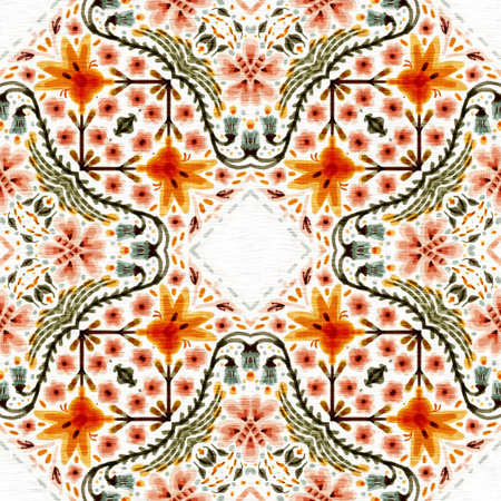 Boho botanical cottage core seamless pattern. Trendy decorative folklore allover background. Small ditsy geo flowers for illustration wallpaper.の写真素材