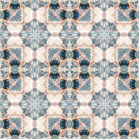 Retro boho geometric kaleidoscope scarf pattern background. Colorful vintage azulejos effect damask shawl textile print tile.の写真素材