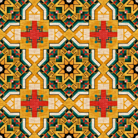 Traditional tile mosaic seamless pattern print. Fabric effect mexican patchwork damask grid Square...