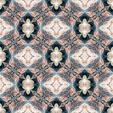 Retro boho geometric kaleidoscope scarf pattern background. Colorful vintage azulejos effect damask shawl textile print tile.の写真素材