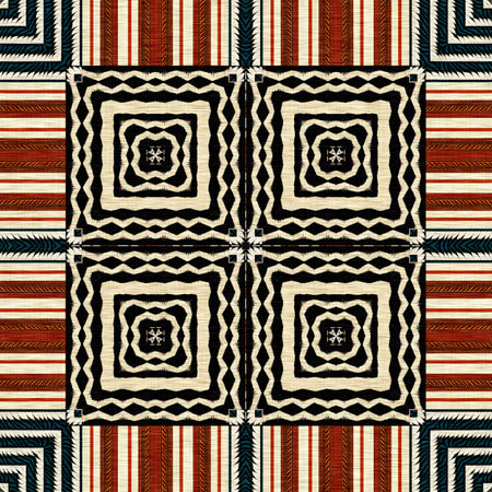 African kente cloth patchwork effect pattern. Seamless geometric quilt fabric all over background. Patched boho rug safari shirt repetitive tile swatchの写真素材