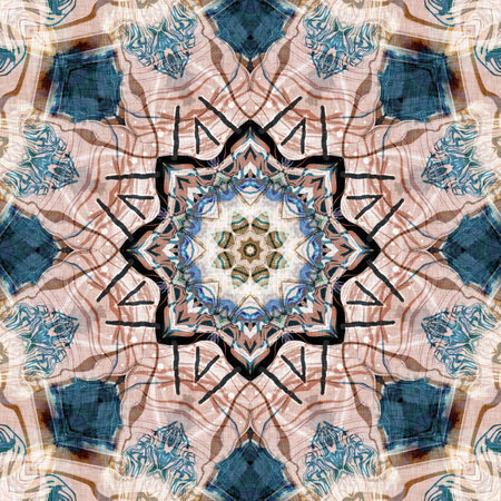 Retro boho geometric kaleidoscope scarf pattern background. Colorful vintage azulejos effect damask shawl textile print tile.の写真素材