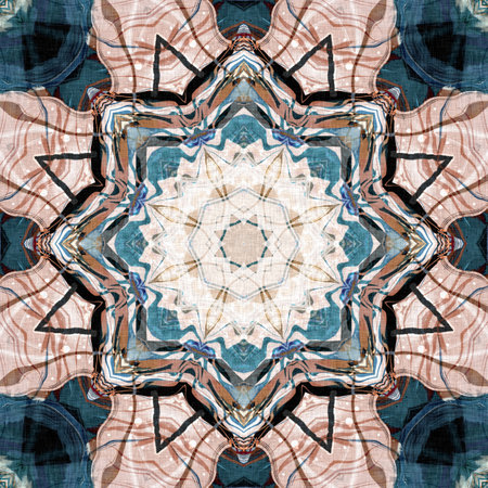 Retro boho geometric kaleidoscope scarf pattern background. Colorful vintage azulejos effect damask shawl textile print tile.の写真素材