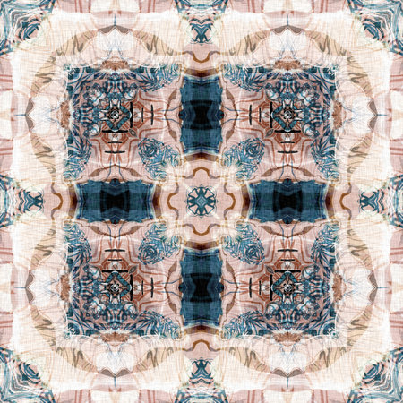 Retro boho geometric kaleidoscope scarf pattern background. Colorful vintage azulejos effect damask shawl textile print tile.の写真素材