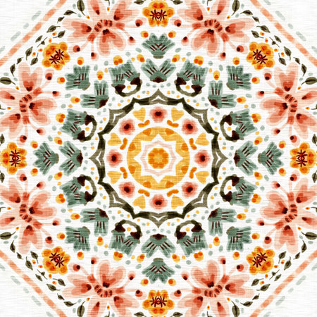 Boho botanical cottage core seamless pattern. Trendy decorative folklore allover background. Small ditsy geo flowers for illustration wallpaper.の写真素材