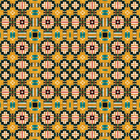 Traditional tile mosaic seamless pattern print. Fabric effect mexican patchwork damask grid Square...