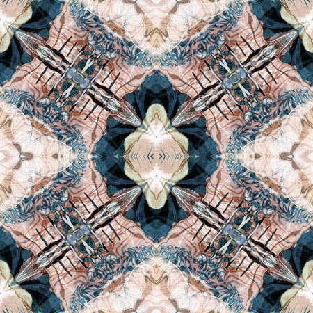 Retro boho geometric kaleidoscope scarf pattern background. Colorful vintage azulejos effect damask shawl textile print tile.の写真素材