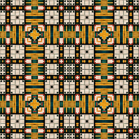 Traditional tile mosaic seamless pattern print. Fabric effect mexican patchwork damask grid Square shape symmetrical background textile . Creative colorful graphic designの写真素材