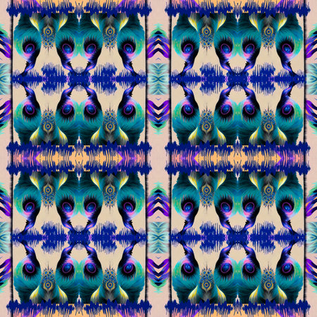 Brilliant peacock eye geometric wallpaper pattern. Elegant blur shimmer of colourful metallic bird plumage backdrop. Luxe tropical splendour tileの写真素材
