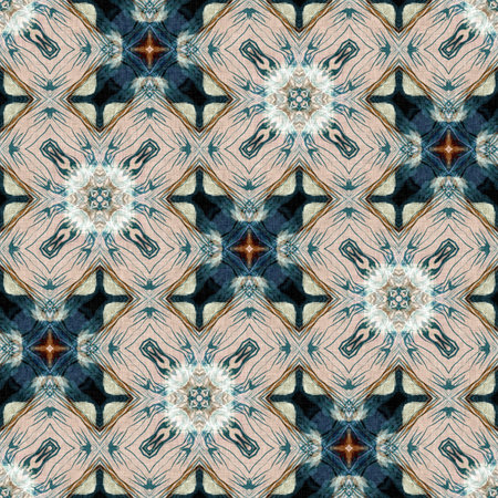 Retro boho geometric kaleidoscope scarf pattern background. Colorful vintage azulejos effect damask...