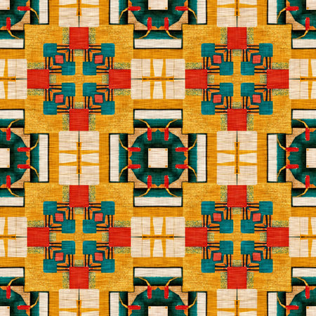 Traditional tile mosaic seamless pattern print. Fabric effect mexican patchwork damask grid Square...