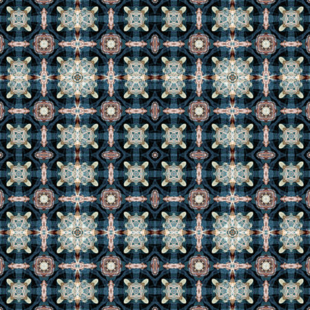 Retro boho geometric kaleidoscope scarf pattern background. Colorful vintage azulejos effect damask...