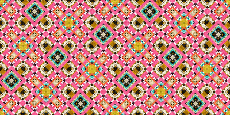 Kitsch pattern geometric retro design in seamless border background. Trendy modern boho geo in vibrant colorful graphic ribbon trim edge. Repeat tile for patchwork effect endless band.の写真素材