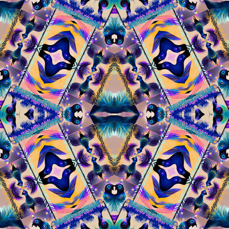 Brilliant peacock eye geometric wallpaper pattern. Elegant blur shimmer of colourful metallic bird plumage backdrop. Luxe tropical splendour tileの写真素材