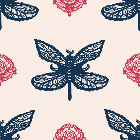 Retro butterfly seamless pattern. 70s style ecological insect garden wildlife wallpaper. Earthy decorative lepidoptera tile.のイラスト素材