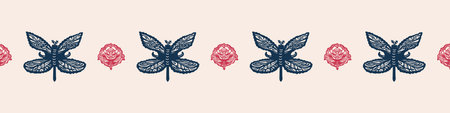Retro butterfly seamless border. 70s style ecological insect garden wildlife trim. Earthy decorative lepidoptera edging.のイラスト素材