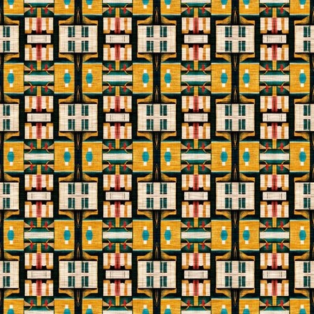 Traditional tile mosaic seamless pattern print. Fabric effect mexican patchwork damask grid Square shape symmetrical background textile . Creative colorful graphic designの写真素材