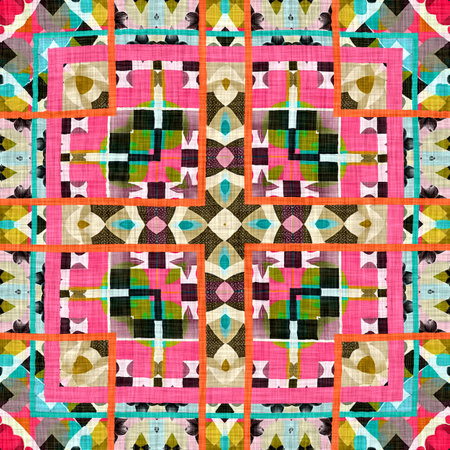 Kitsch pattern geometric retro design in seamless background. Trendy modern boho geo in vibrant colorful graphic illustration. Repeat tile for patchwork effect swatch.の写真素材
