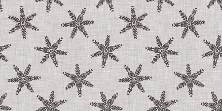 Seamless christmas snowflake woven linen border. Two tone seasonal brown farmhouse frost edging....