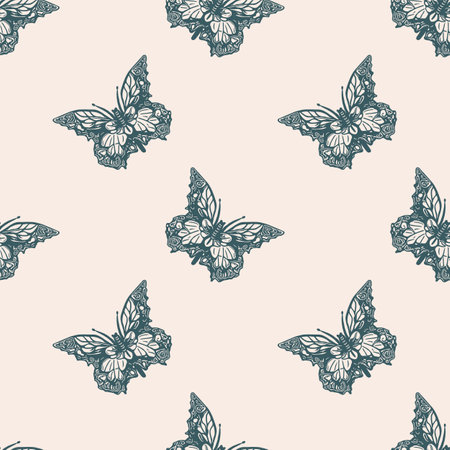 Retro butterfly seamless pattern. 70s style ecological insect garden wildlife wallpaper. Earthy decorative lepidoptera tile.のイラスト素材
